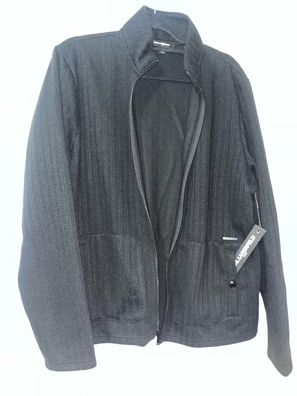 Karl Lagerfeld Black Full-Zip Knit Jacket with Stand Collar